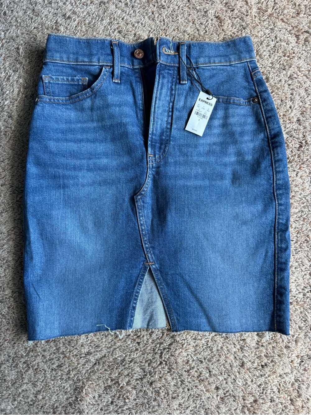 NWT Express Denim Midi Skirt Medium Wash Front Slit Size 0